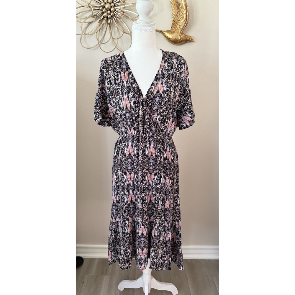 All In Favor Dress Medium Boho Paisley Faux Wrap Midi Elastic Waist